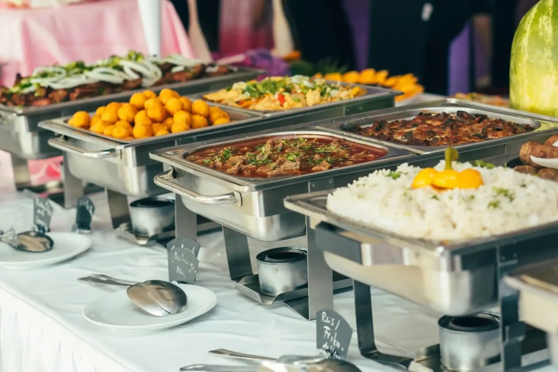 Hot buffet in chafing dishes